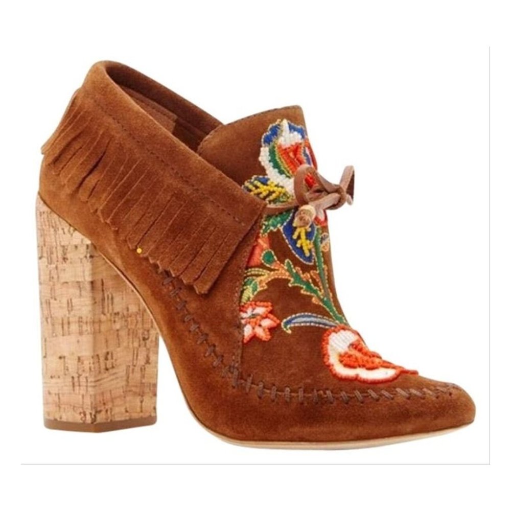 $500 TORY BURCH HUNTINGTON EMBROIDERED FRINGE SUEDE BOOTIE LACE UP 10.5  (MD29)